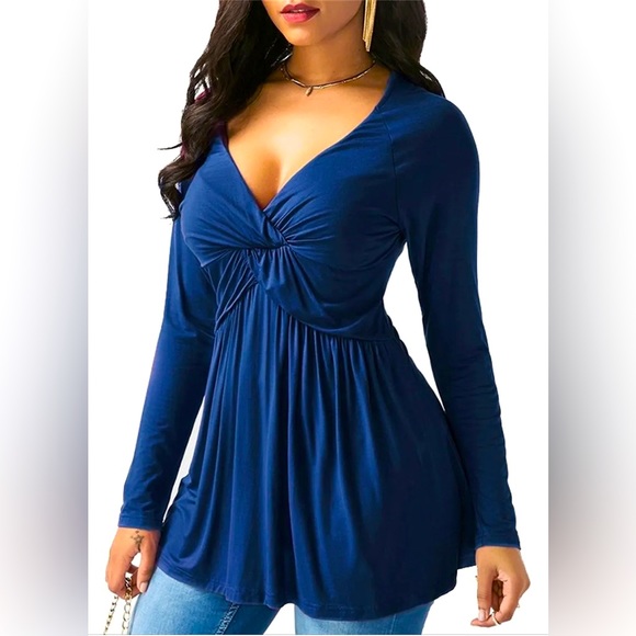 Various Tops - New Blue Deep V Cinched Empire Waist Blouse Sz S